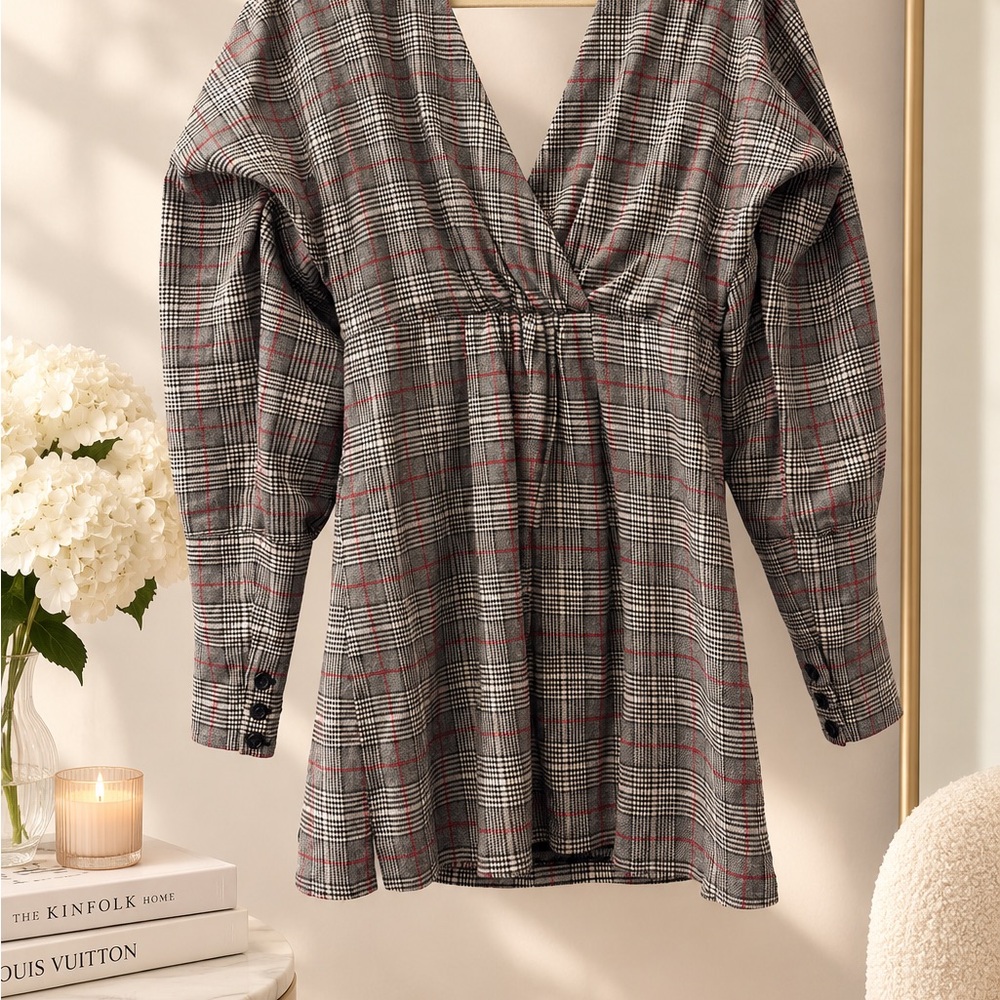 Tularosa Gray Plaid V-Neck Peplum Top with Red Accents
